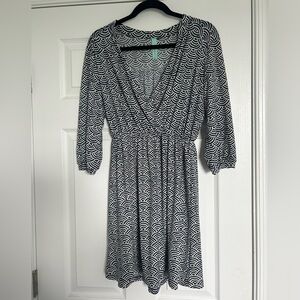 Blue and White Patterned Faux Wrap Dress